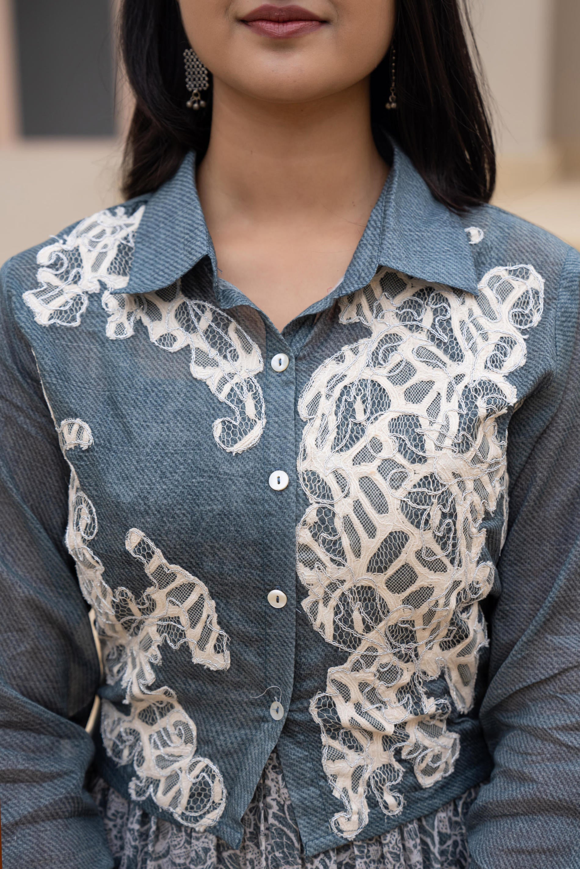 Grey Shirt-Style Dress with Off White Embroidery & Tiered Floral Maxi 