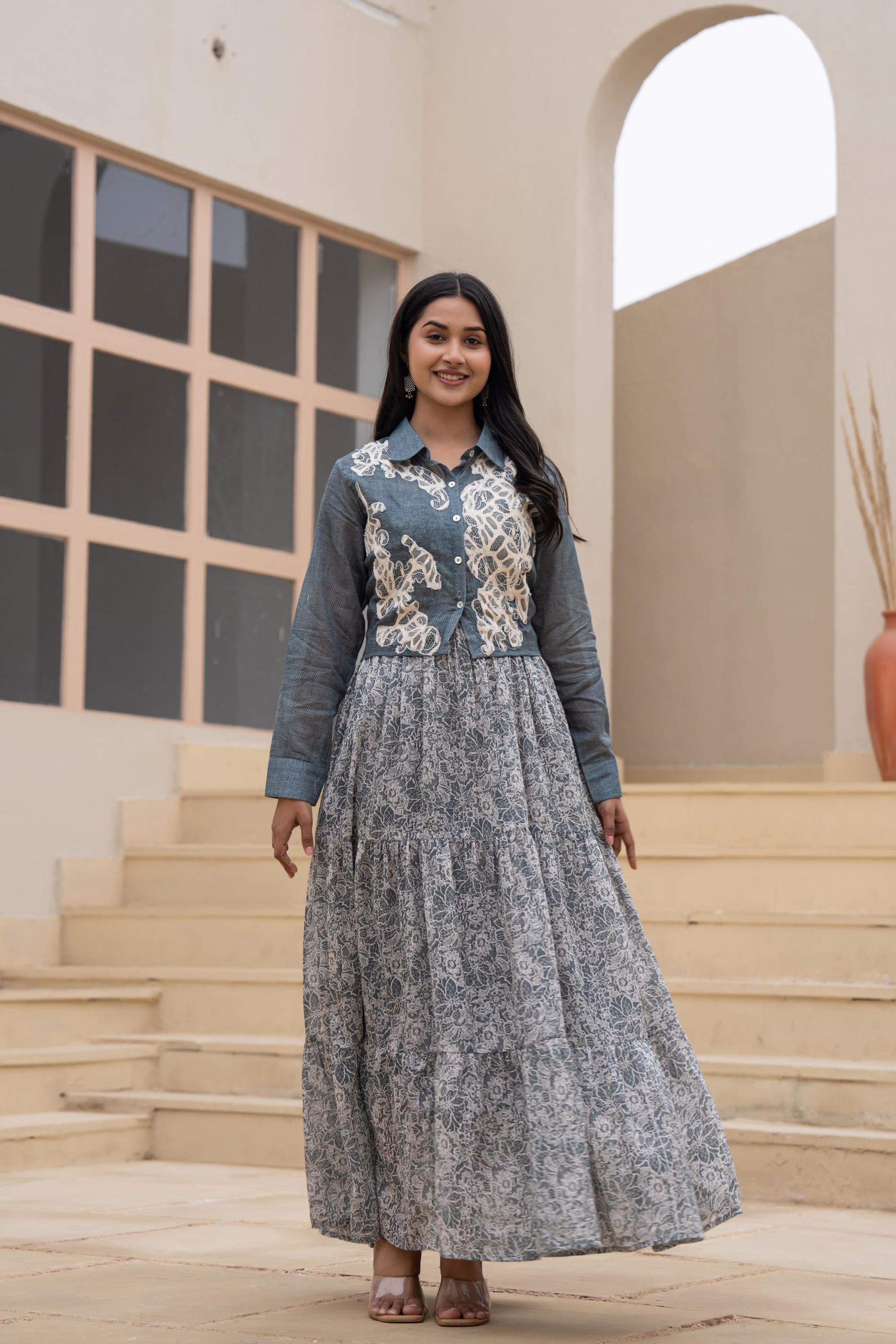 Grey Shirt-Style Dress with Off White Embroidery & Tiered Floral Maxi 