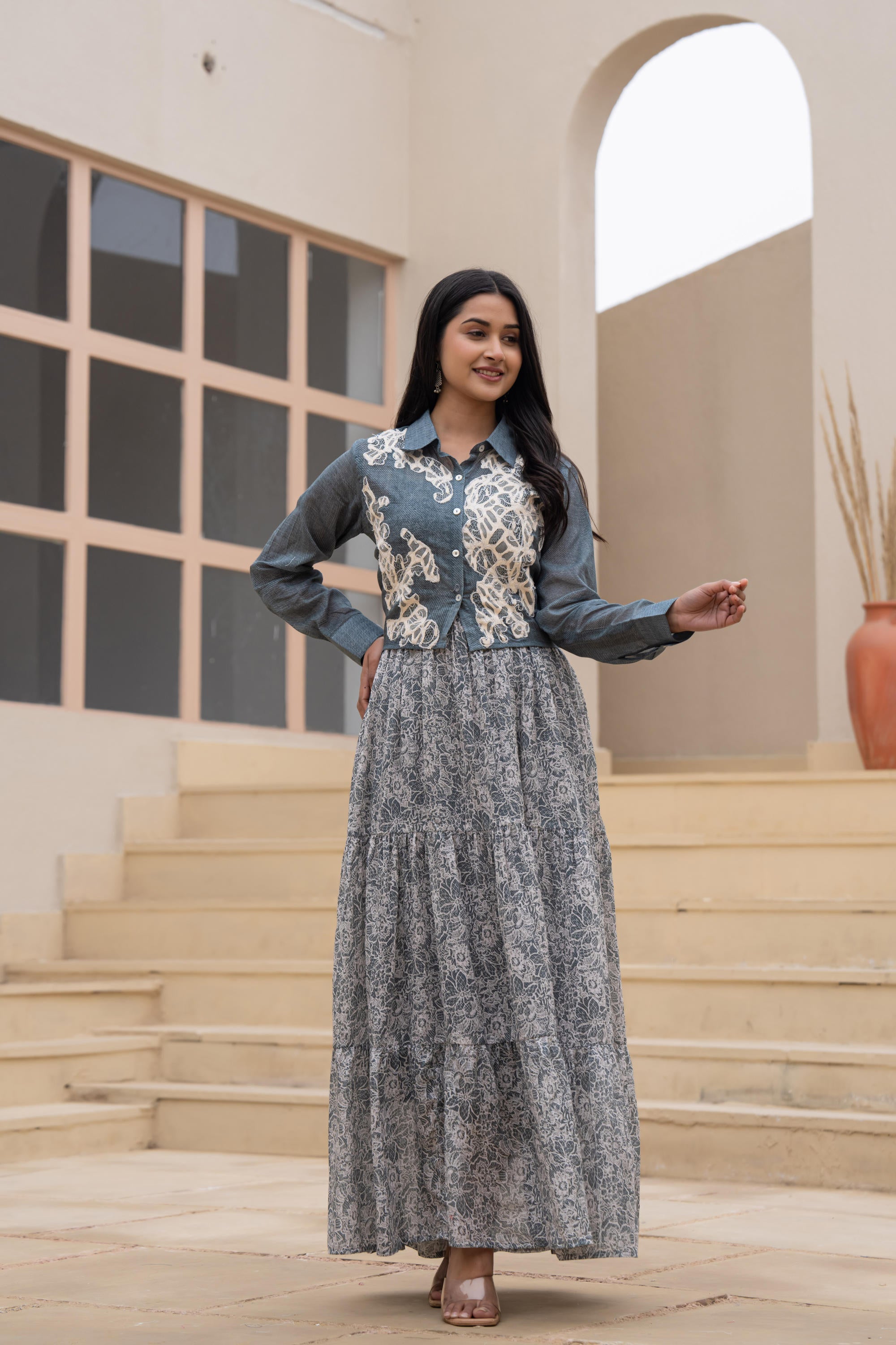 Grey Shirt-Style Dress with Off White Embroidery & Tiered Floral Maxi 