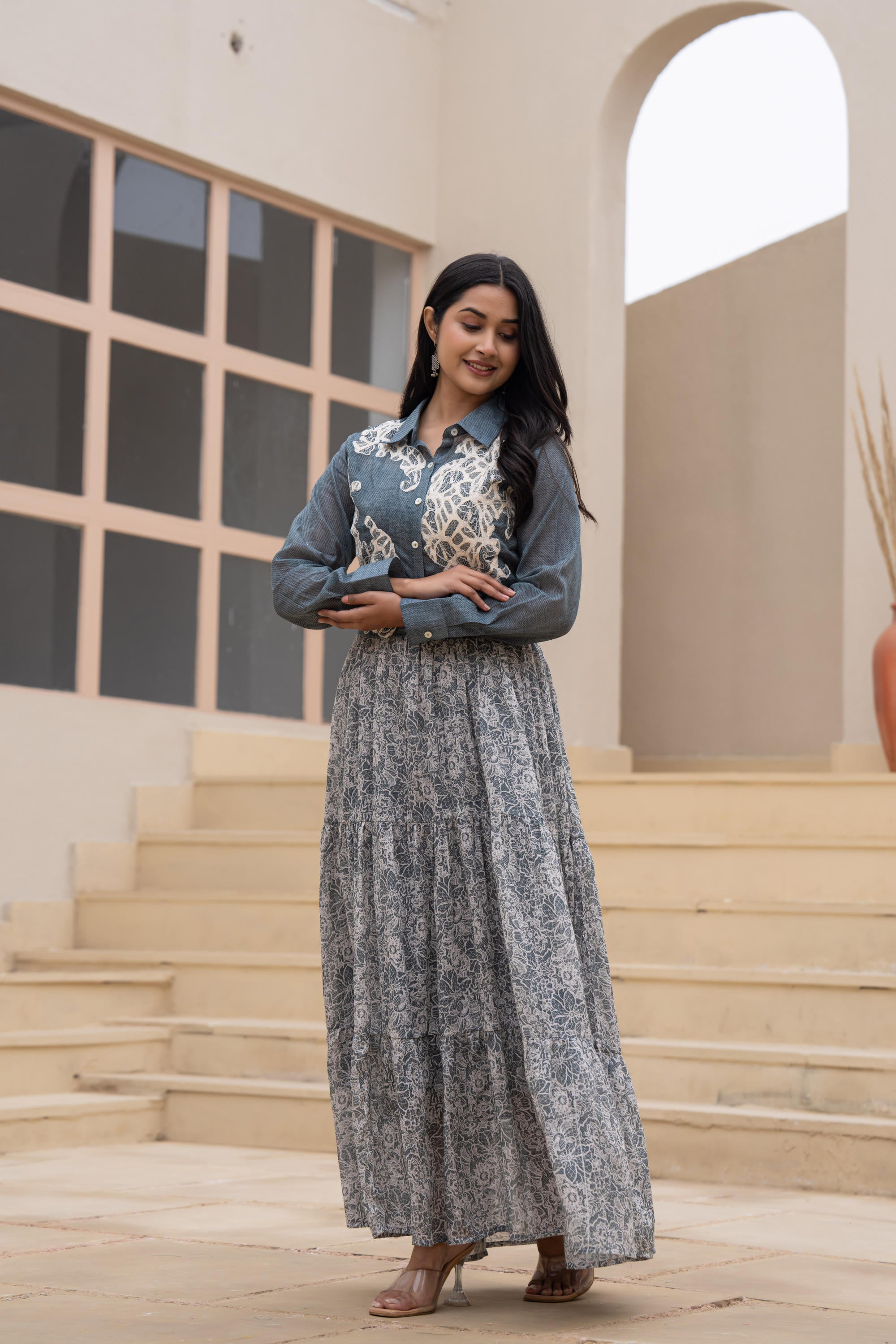 Grey Shirt-Style Dress with Off White Embroidery & Tiered Floral Maxi 