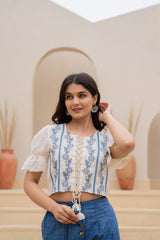 White Embroidered Crop Top with Light Blue Wide-Leg Pants-P1260BLUE