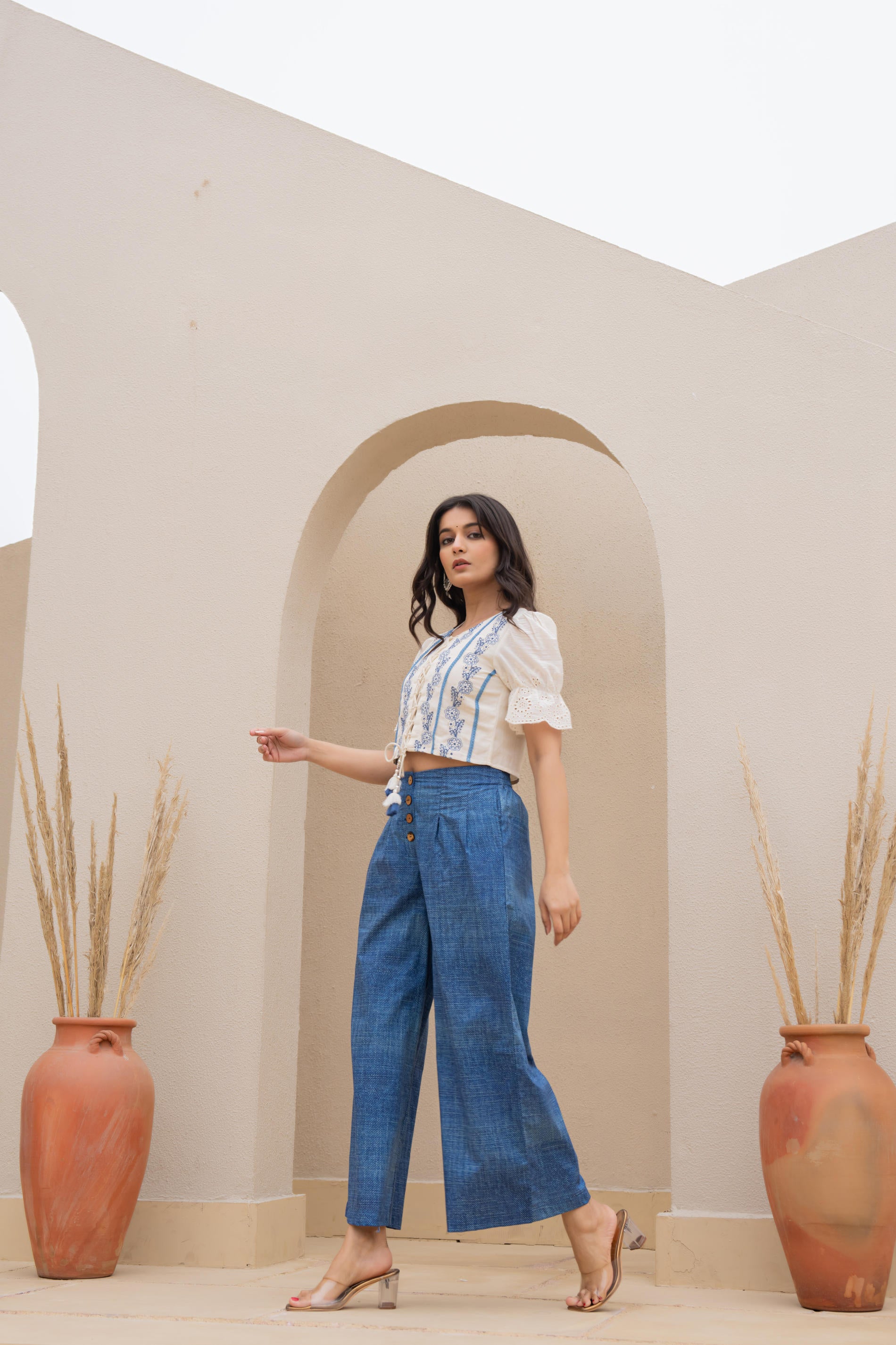 White Embroidered Crop Top with Light Blue Wide-Leg Pants-P1260BLUE