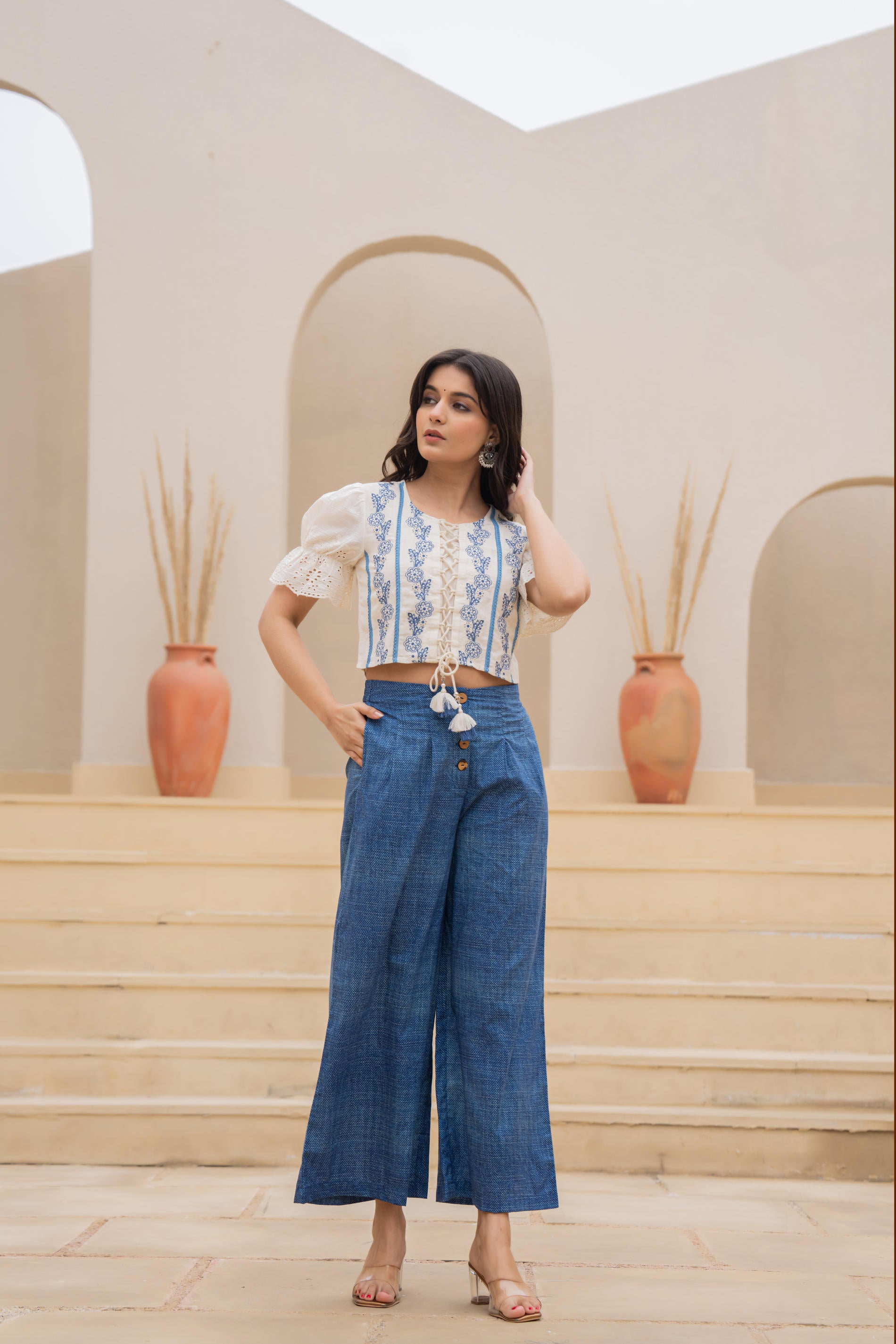 White Embroidered Crop Top with Light Blue Wide-Leg Pants-P1260BLUE