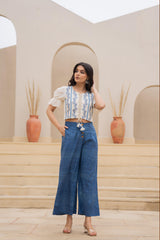 White Embroidered Crop Top with Light Blue Wide-Leg Pants-P1260BLUE