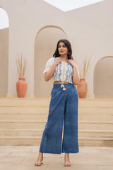White Embroidered Crop Top with Light Blue Wide-Leg Pants-P1260BLUE