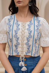 White Embroidered Crop Top with Light Blue Wide-Leg Pants-P1260BLUE