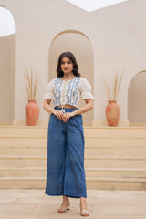White Embroidered Crop Top with Light Blue Wide-Leg Pants-P1260BLUE