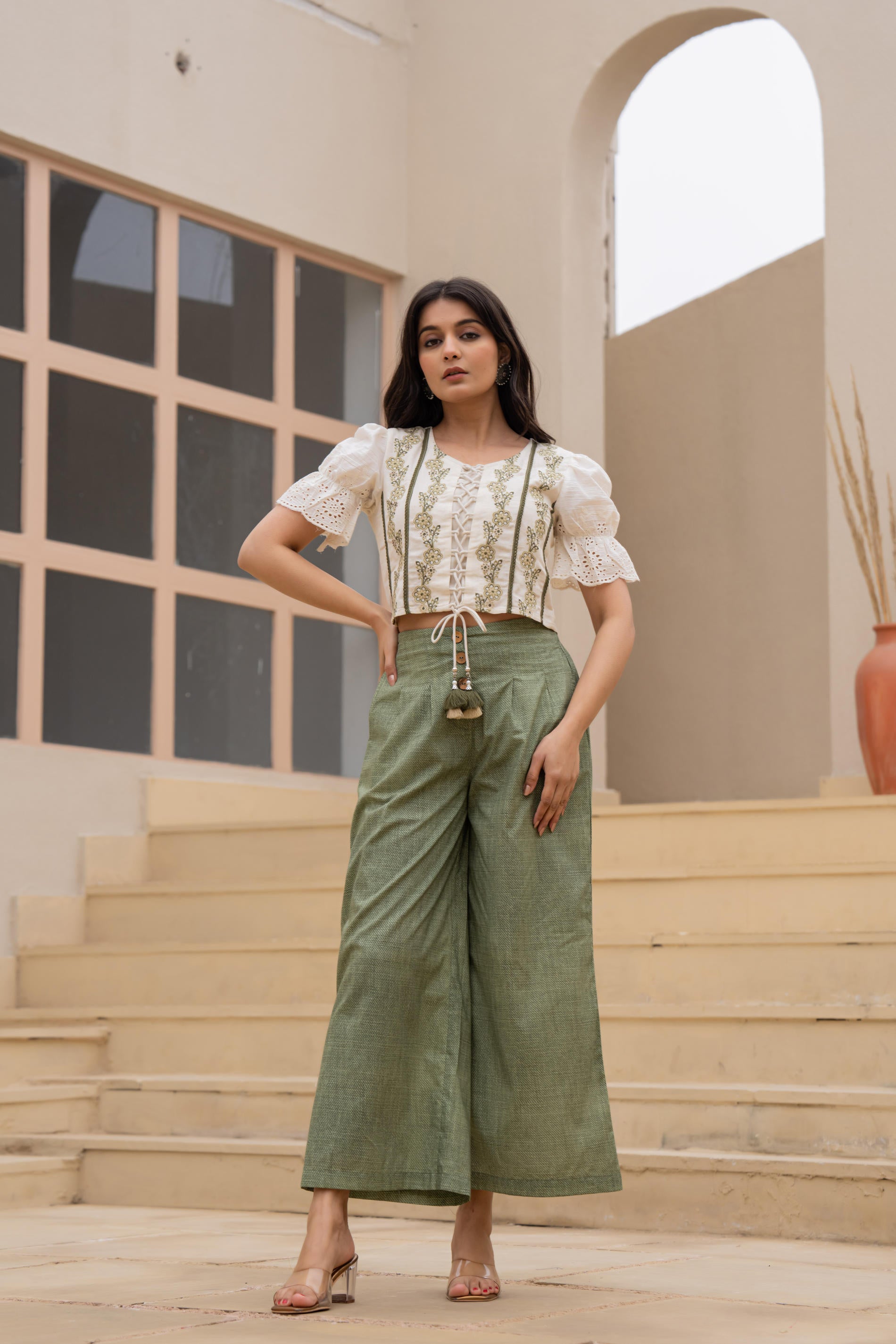 White Embroidered Crop Top with Light Green Wide-Leg Pants-P1260GREEN