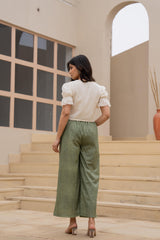 White Embroidered Crop Top with Light Green Wide-Leg Pants-P1260GREEN