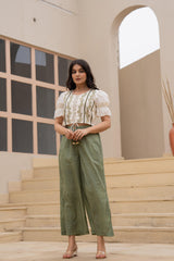 White Embroidered Crop Top with Light Green Wide-Leg Pants-P1260GREEN