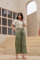White Embroidered Crop Top with Light Green Wide-Leg Pants-P1260GREEN