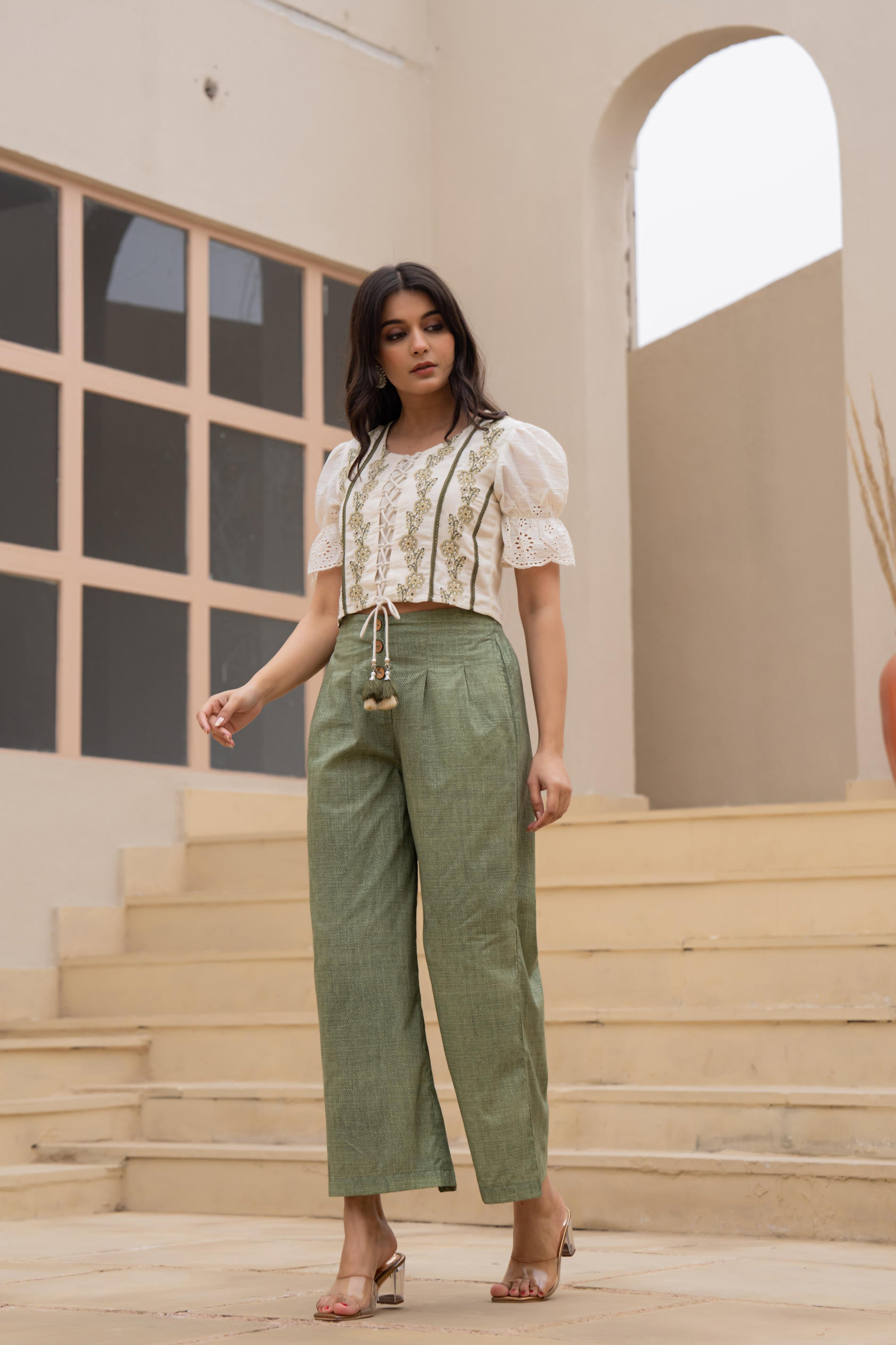 White Embroidered Crop Top with Light Green Wide-Leg Pants-P1260GREEN