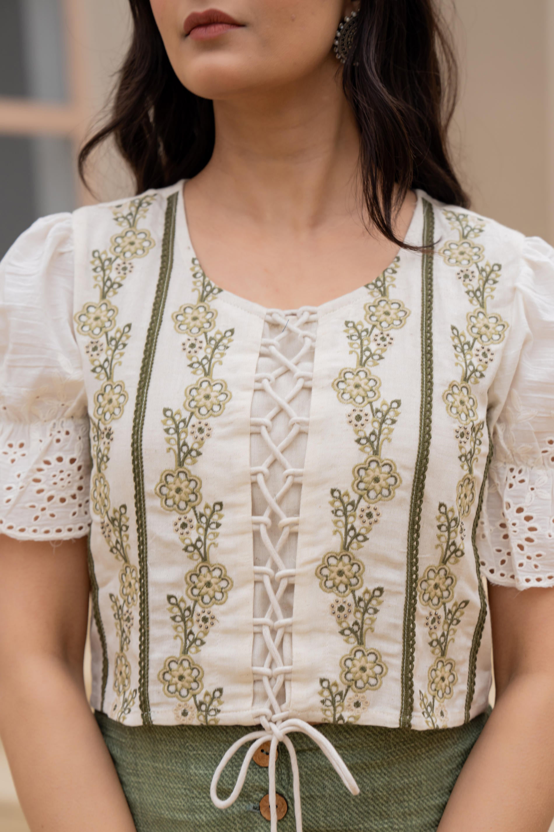 White Embroidered Crop Top with Light Green Wide-Leg Pants-P1260GREEN