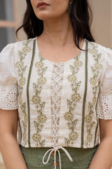 White Embroidered Crop Top with Light Green Wide-Leg Pants-P1260GREEN