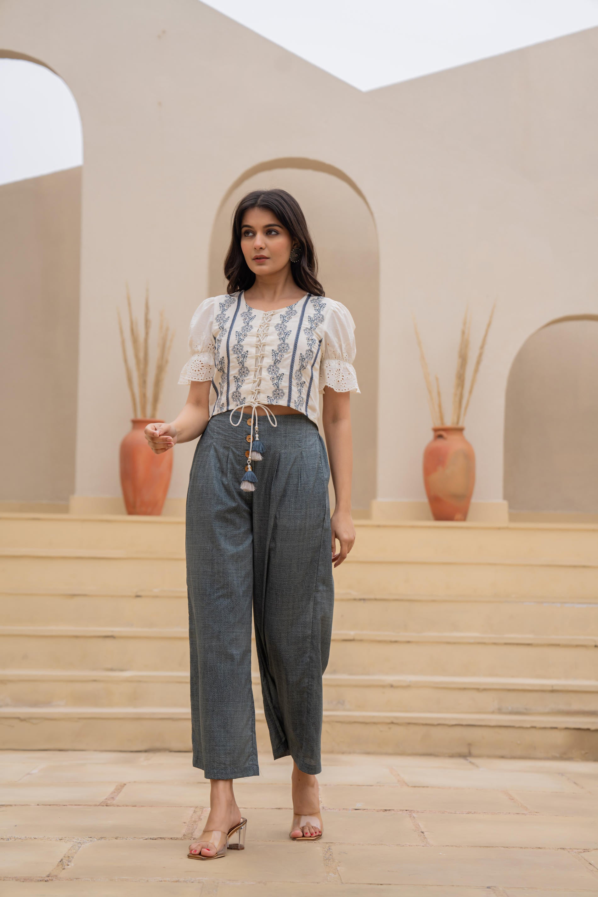 White Embroidered Crop Top with Grey Wide-Leg Pants-P1260GREY