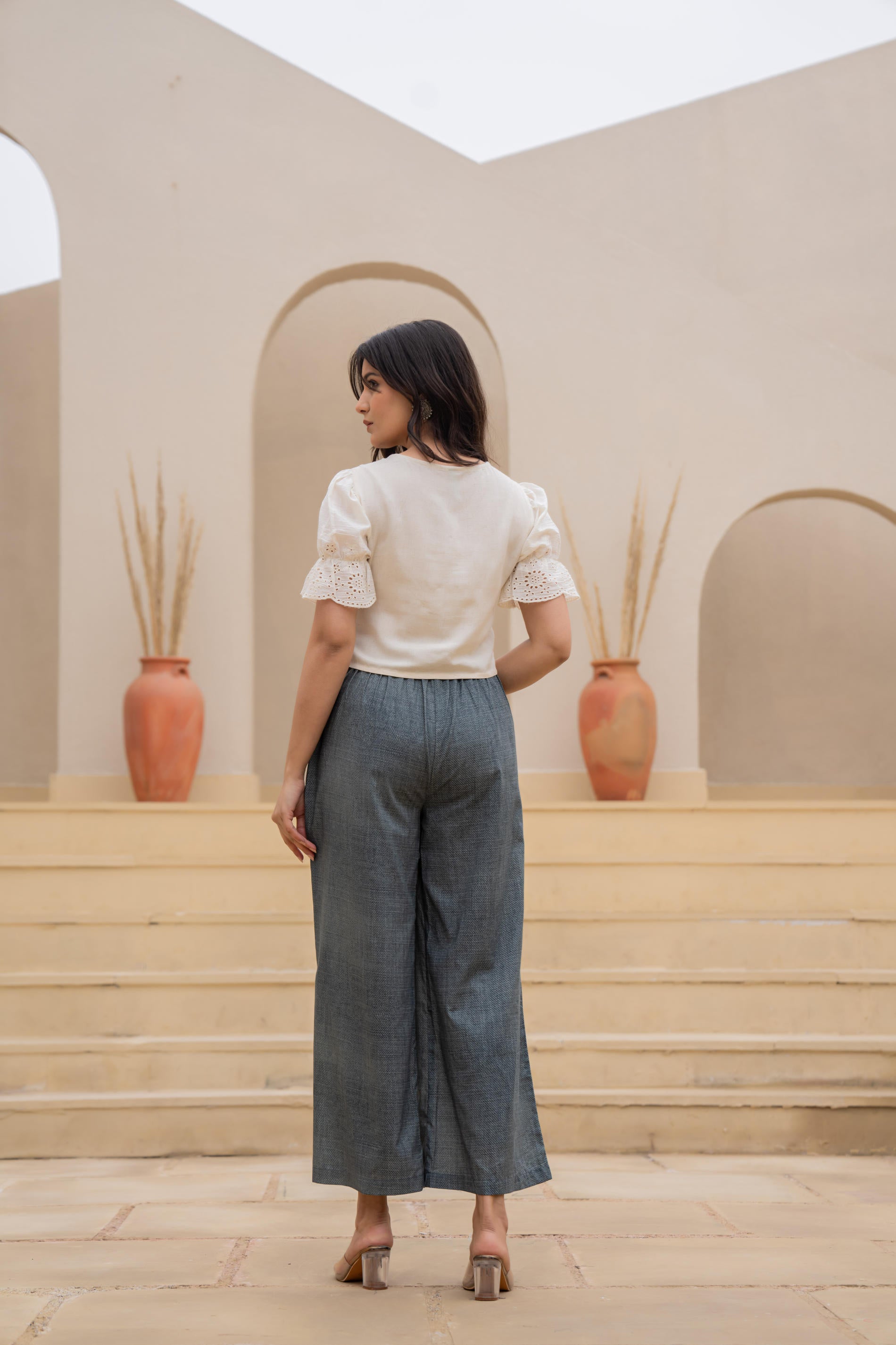 White Embroidered Crop Top with Grey Wide-Leg Pants-P1260GREY