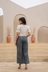 White Embroidered Crop Top with Grey Wide-Leg Pants-P1260GREY