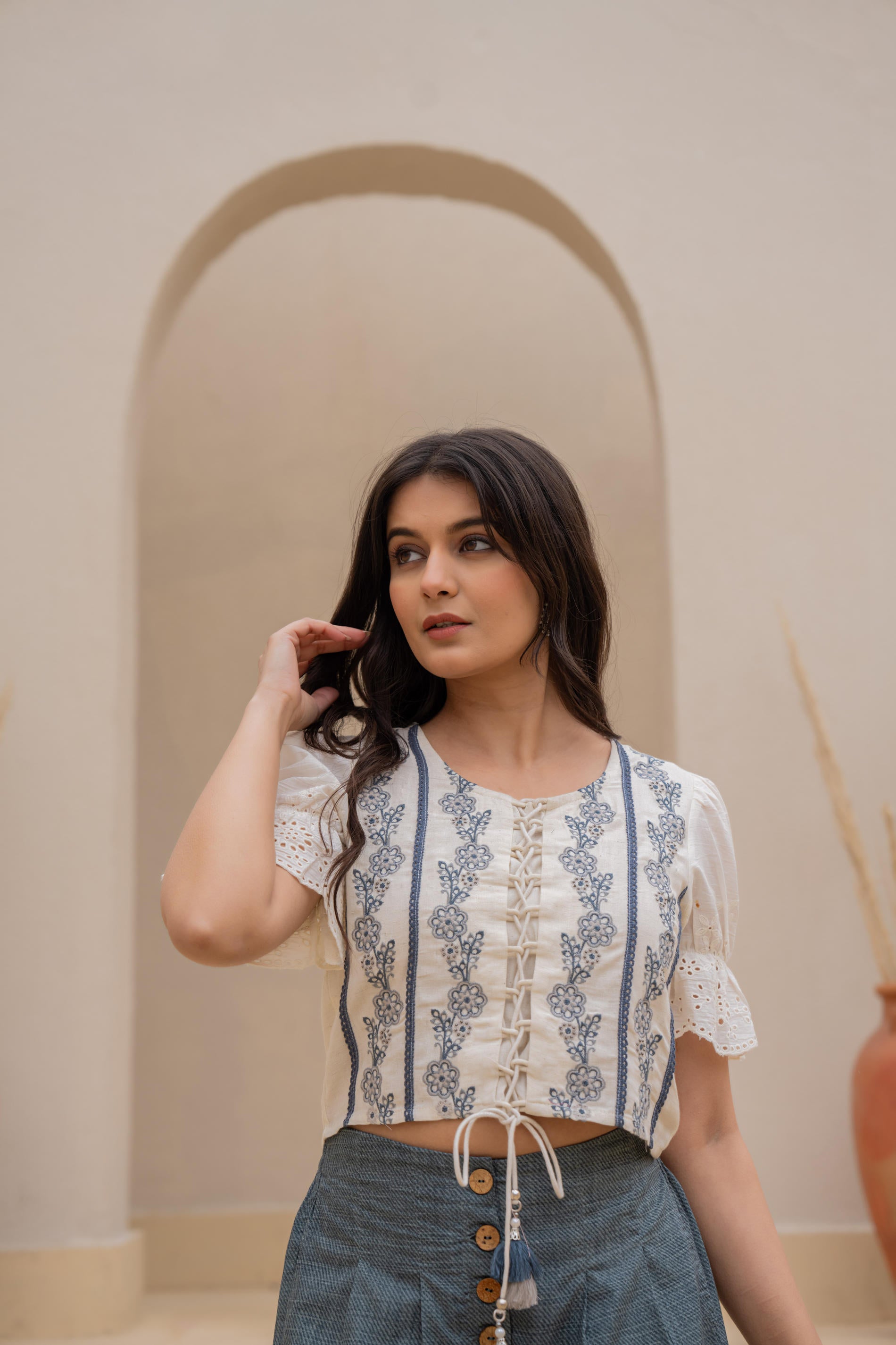 White Embroidered Crop Top with Grey Wide-Leg Pants-P1260GREY
