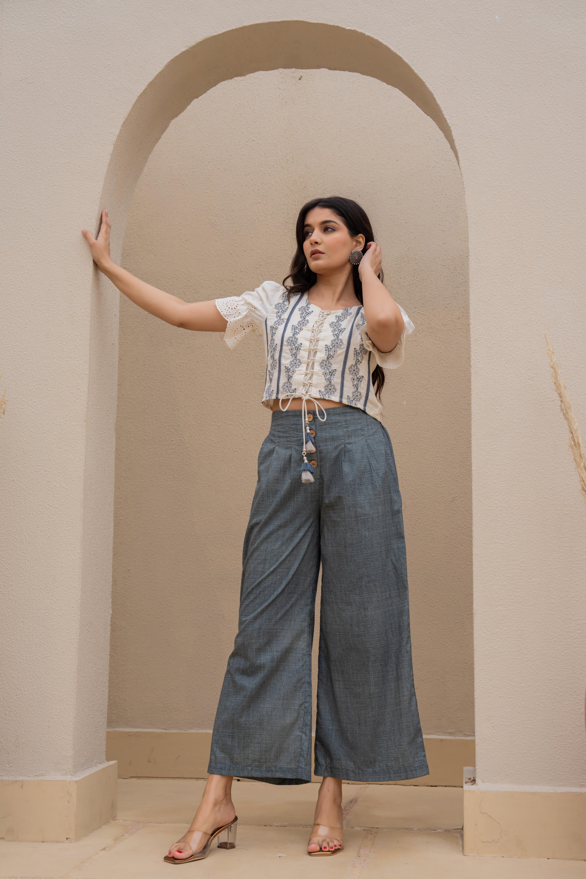White Embroidered Crop Top with Grey Wide-Leg Pants-P1260GREY