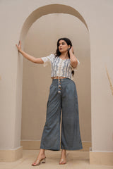 White Embroidered Crop Top with Grey Wide-Leg Pants-P1260GREY
