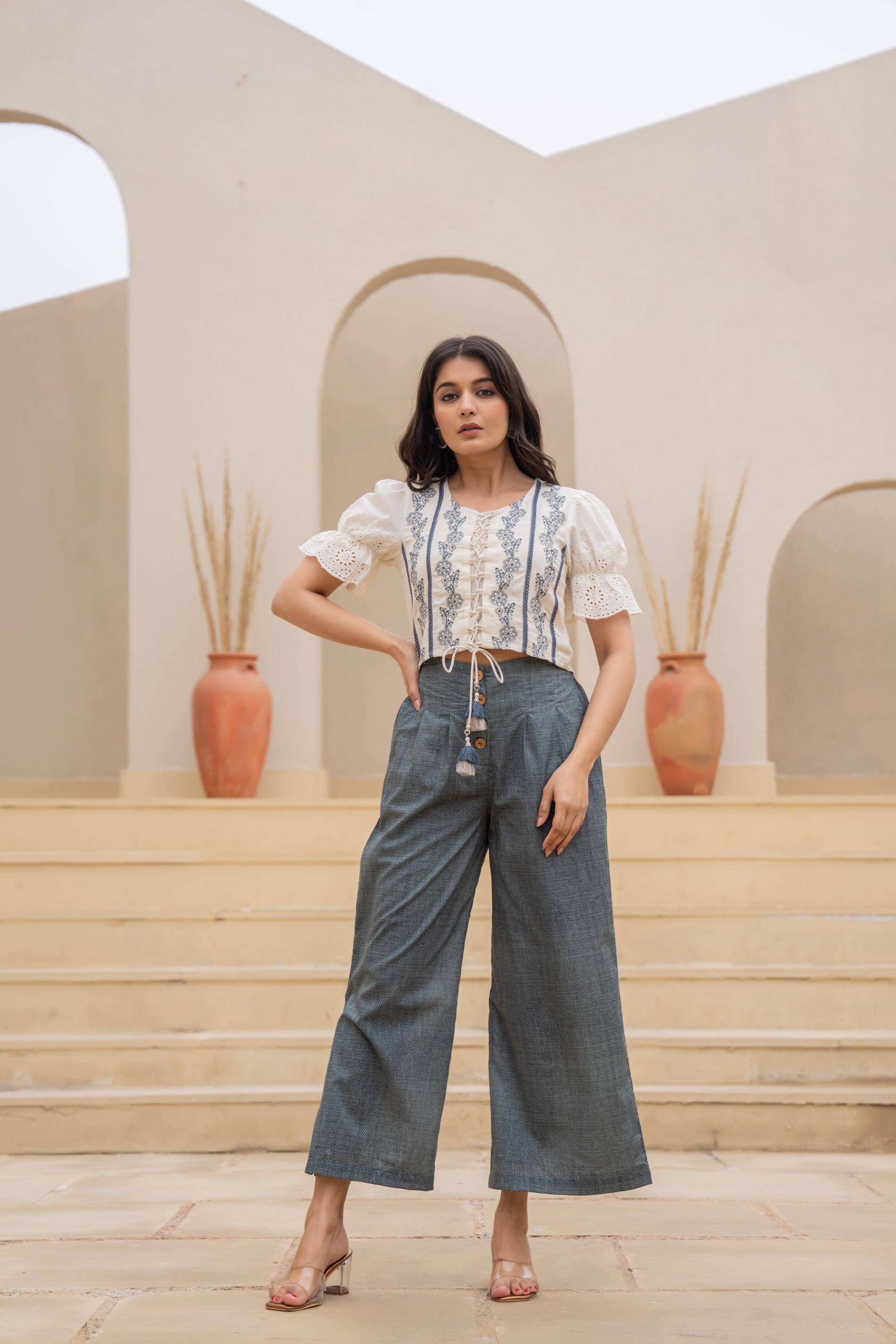White Embroidered Crop Top with Grey Wide-Leg Pants-P1260GREY