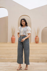 White Embroidered Crop Top with Grey Wide-Leg Pants-P1260GREY