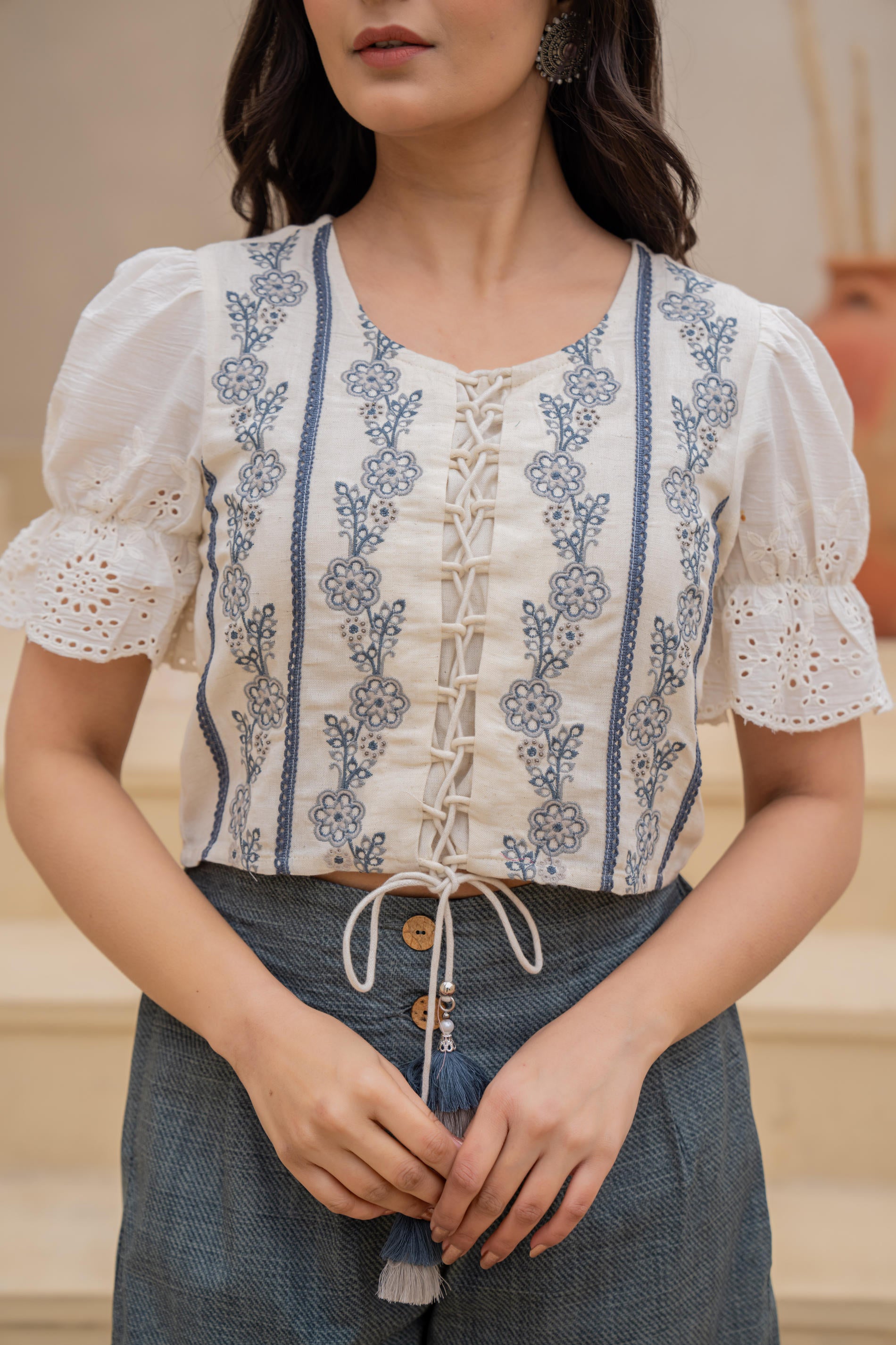 White Embroidered Crop Top with Grey Wide-Leg Pants-P1260GREY