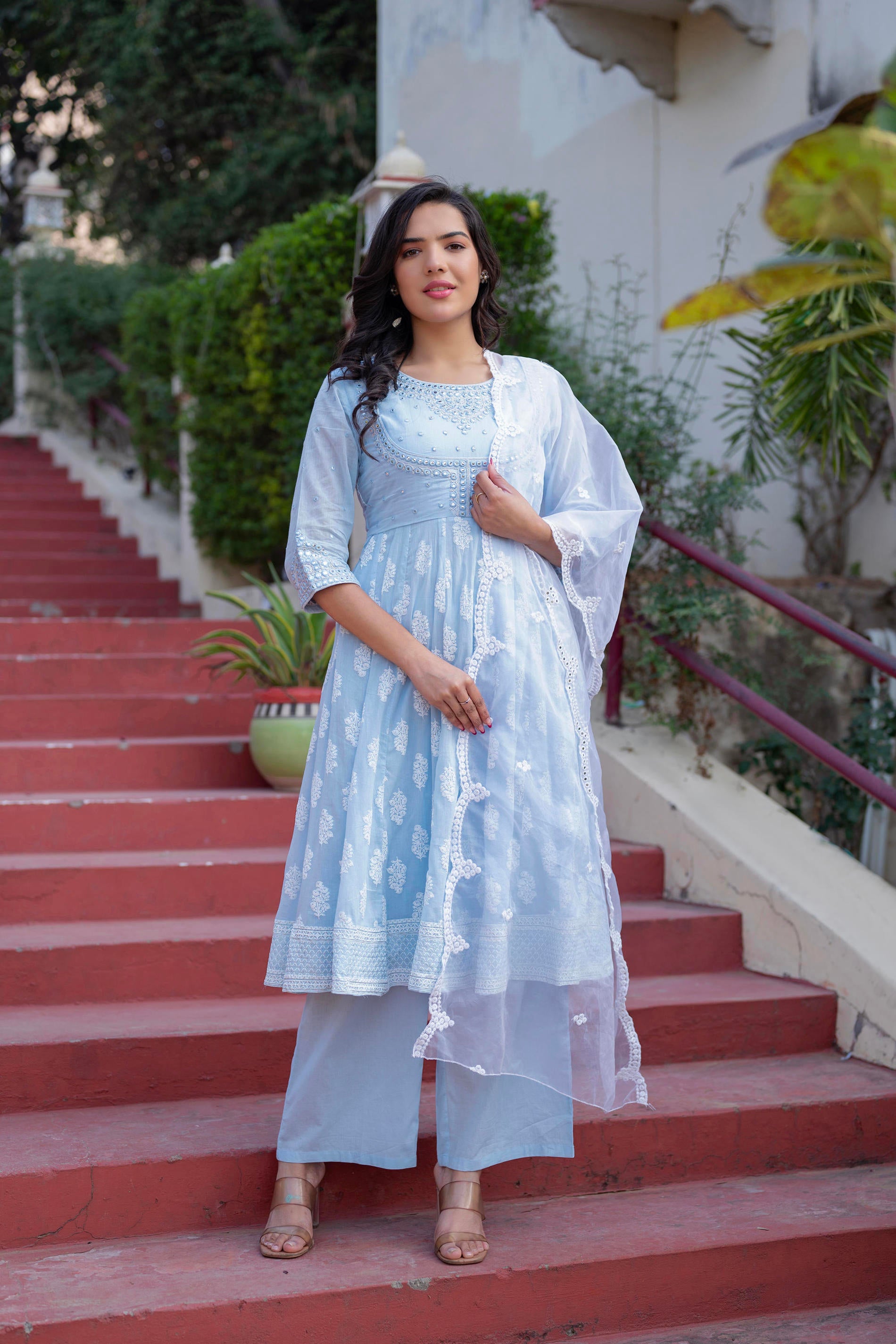 Sky Blue Cotton Mirror Embroidered Kurta with Palazzo & Organza Dupatta