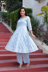 Sky Blue Cotton Mirror Embroidered Kurta with Palazzo & Organza Dupatta-P1276SKYBLUE_ON