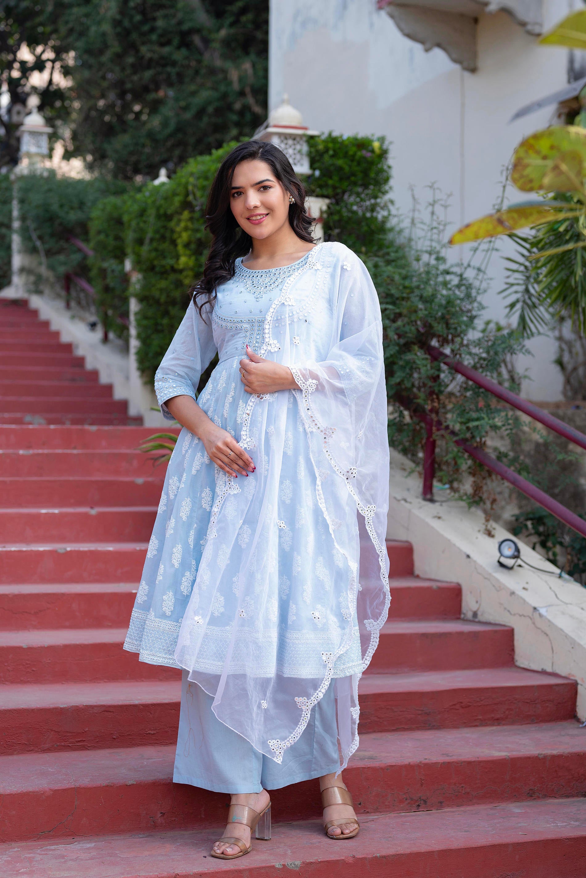 Sky Blue Cotton Mirror Embroidered Kurta with Palazzo & Organza Dupatta