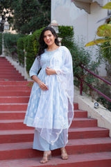 Sky Blue Cotton Mirror Embroidered Kurta with Palazzo & Organza Dupatta-P1276SKYBLUE_ON