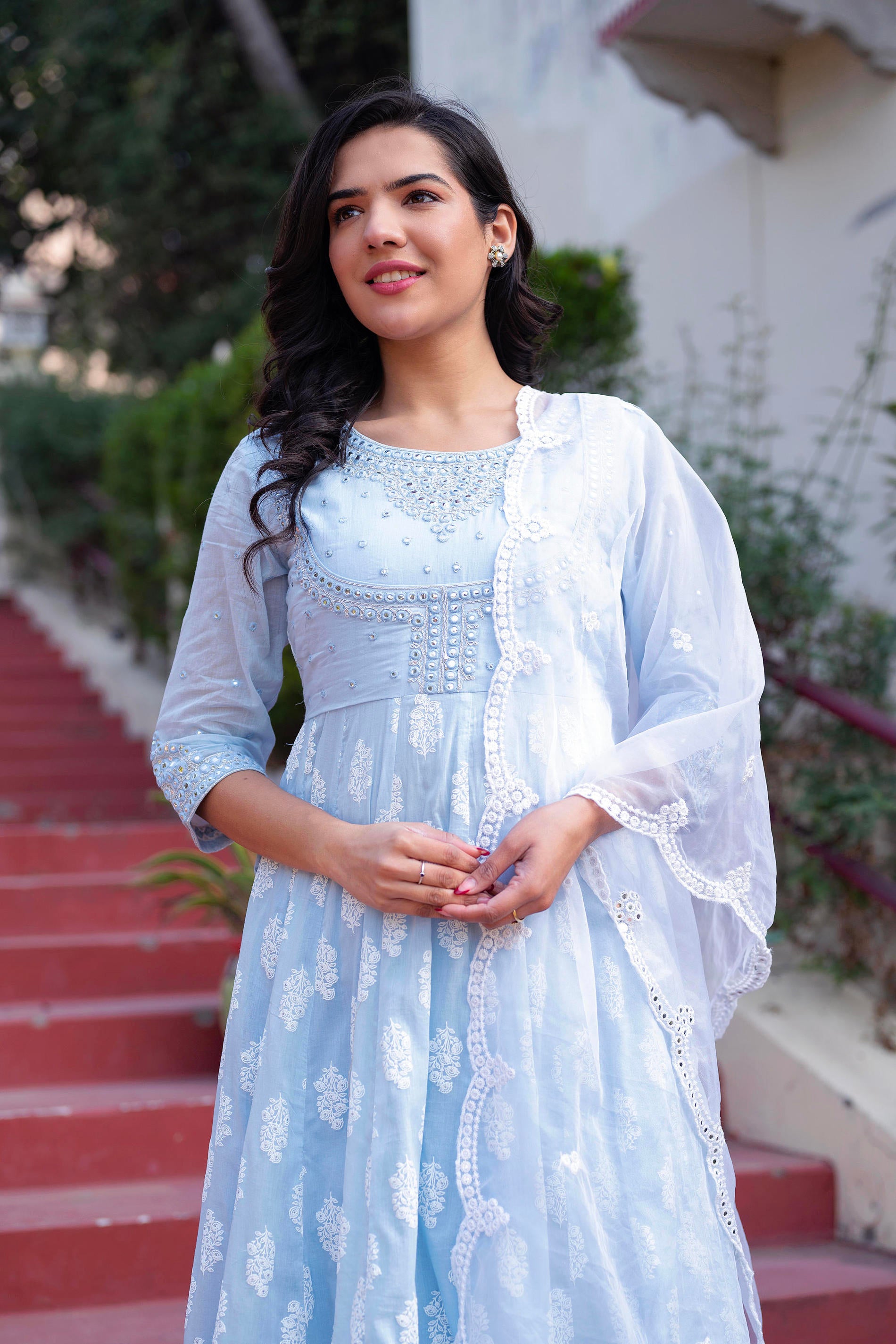 Sky Blue Cotton Mirror Embroidered Kurta with Palazzo & Organza Dupatta