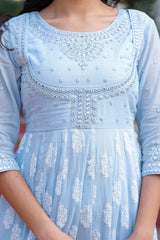 Sky Blue Cotton Mirror Embroidered Kurta with Palazzo & Organza Dupatta-P1276SKYBLUE_ON