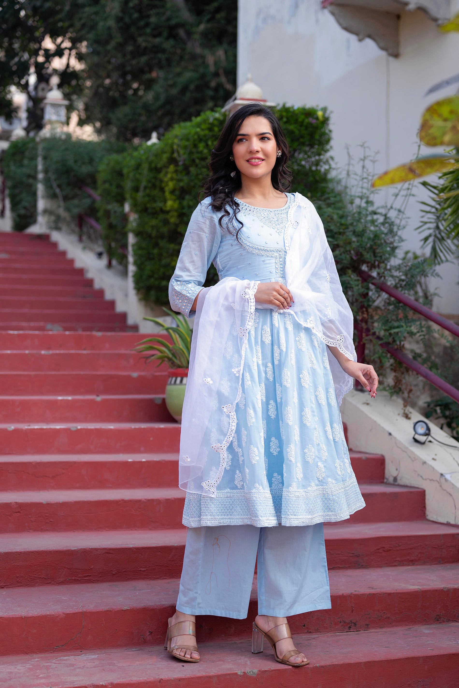 Sky Blue Cotton Mirror Embroidered Kurta with Palazzo & Organza Dupatta