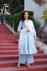Sky Blue Cotton Mirror Embroidered Kurta with Palazzo & Organza Dupatta-P1276SKYBLUE_ON