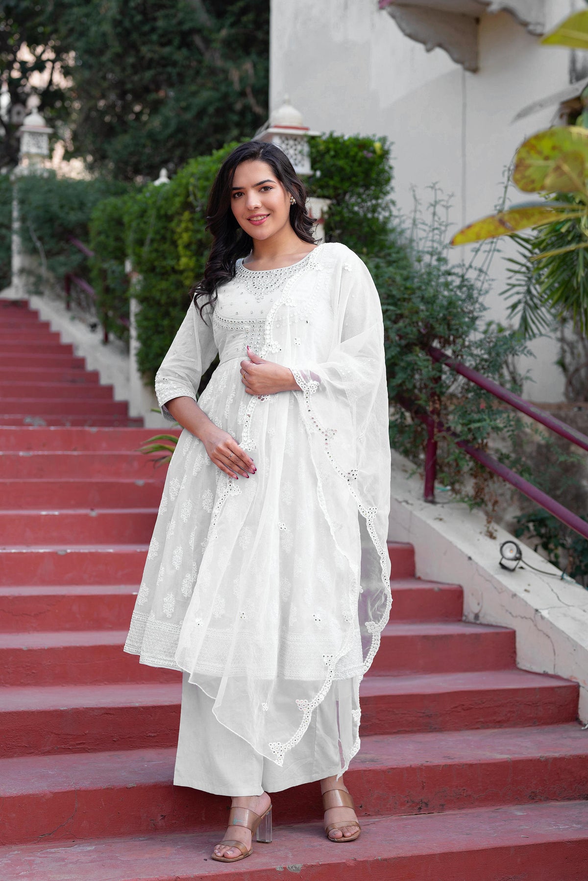 White Cotton Mirror Embroidered Kurta with Palazzo & Organza Dupatta-P1276WHITE_ON