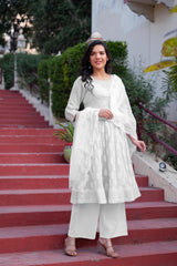 White Cotton Mirror Embroidered Kurta with Palazzo & Organza Dupatta-P1276WHITE_ON