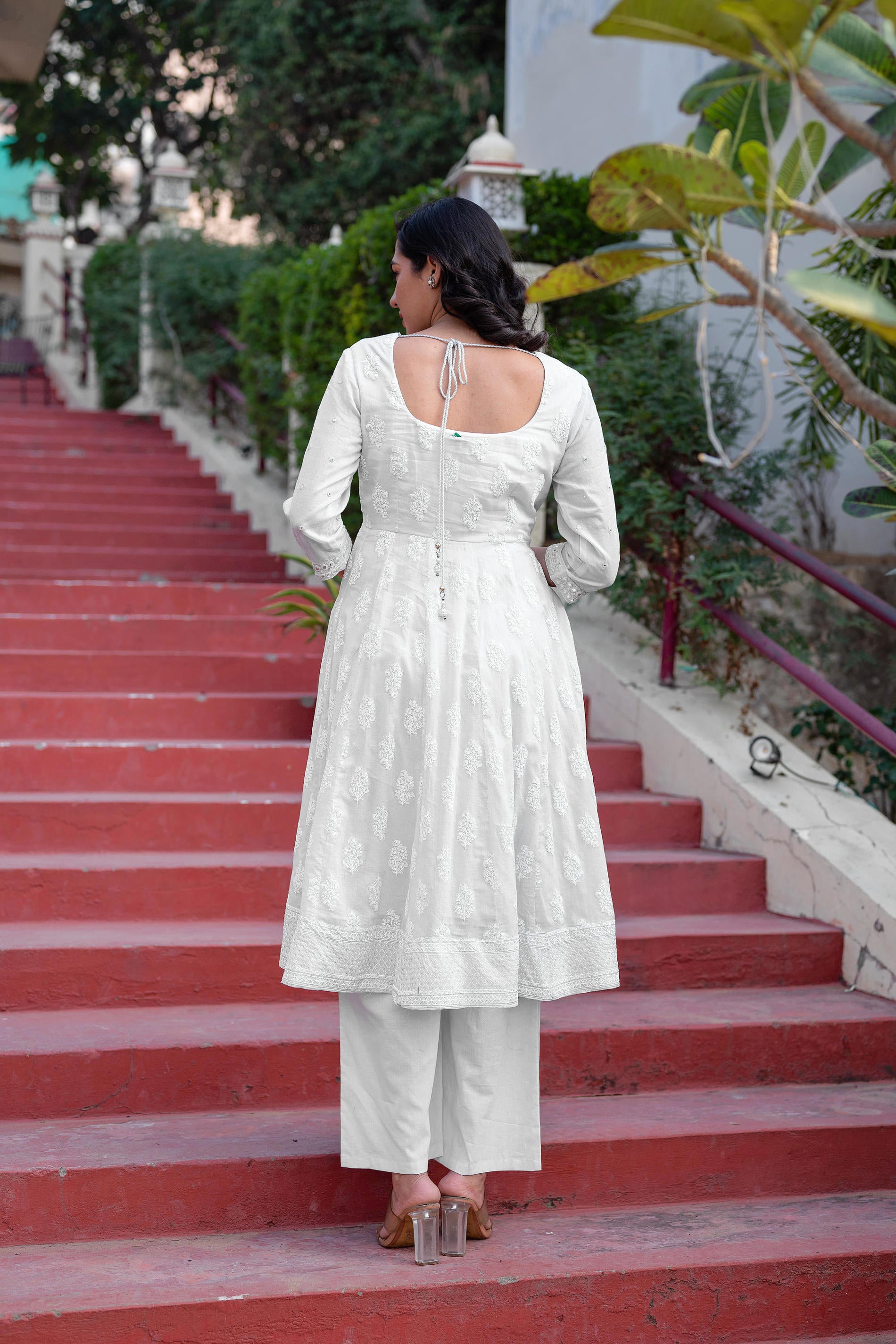 White Cotton Mirror Embroidered Kurta with Palazzo & Organza Dupatta