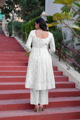 White Cotton Mirror Embroidered Kurta with Palazzo & Organza Dupatta-P1276WHITE_ON