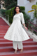 White Cotton Mirror Embroidered Kurta with Palazzo & Organza Dupatta-P1276WHITE_ON