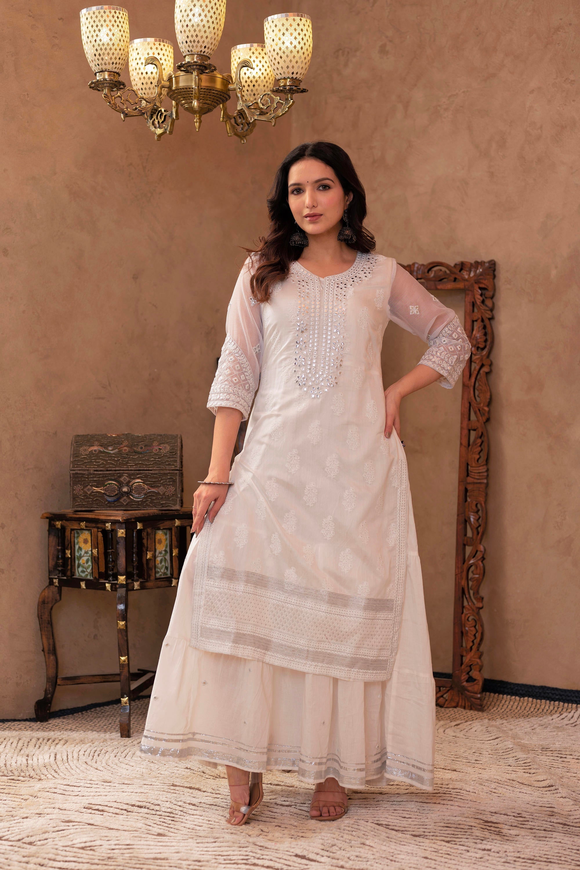 White Chanderi Mirror Embroidered Kurta with Gota Lace & Glitter Work 