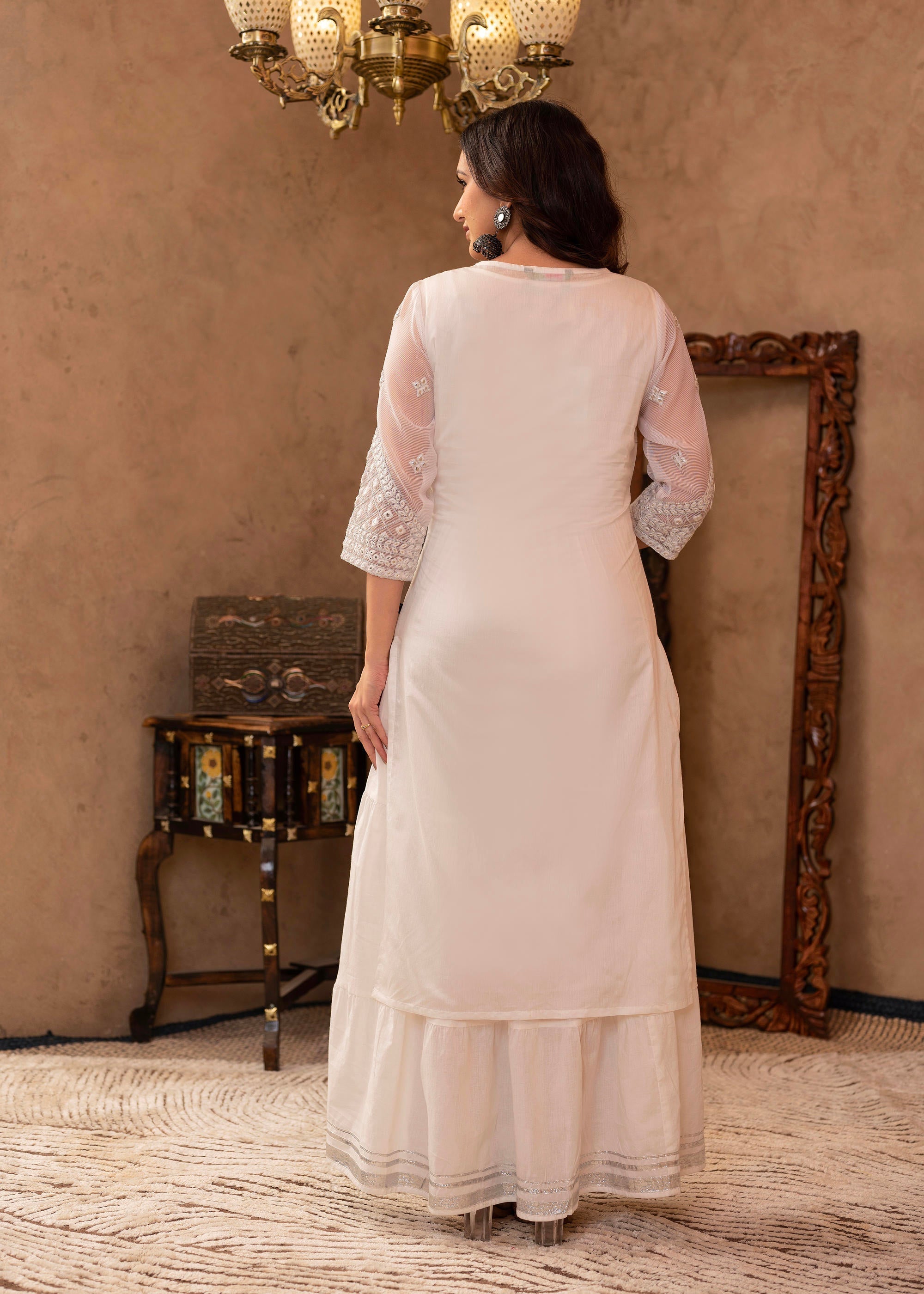 White Chanderi Mirror Embroidered Kurta with Gota Lace & Glitter Work 