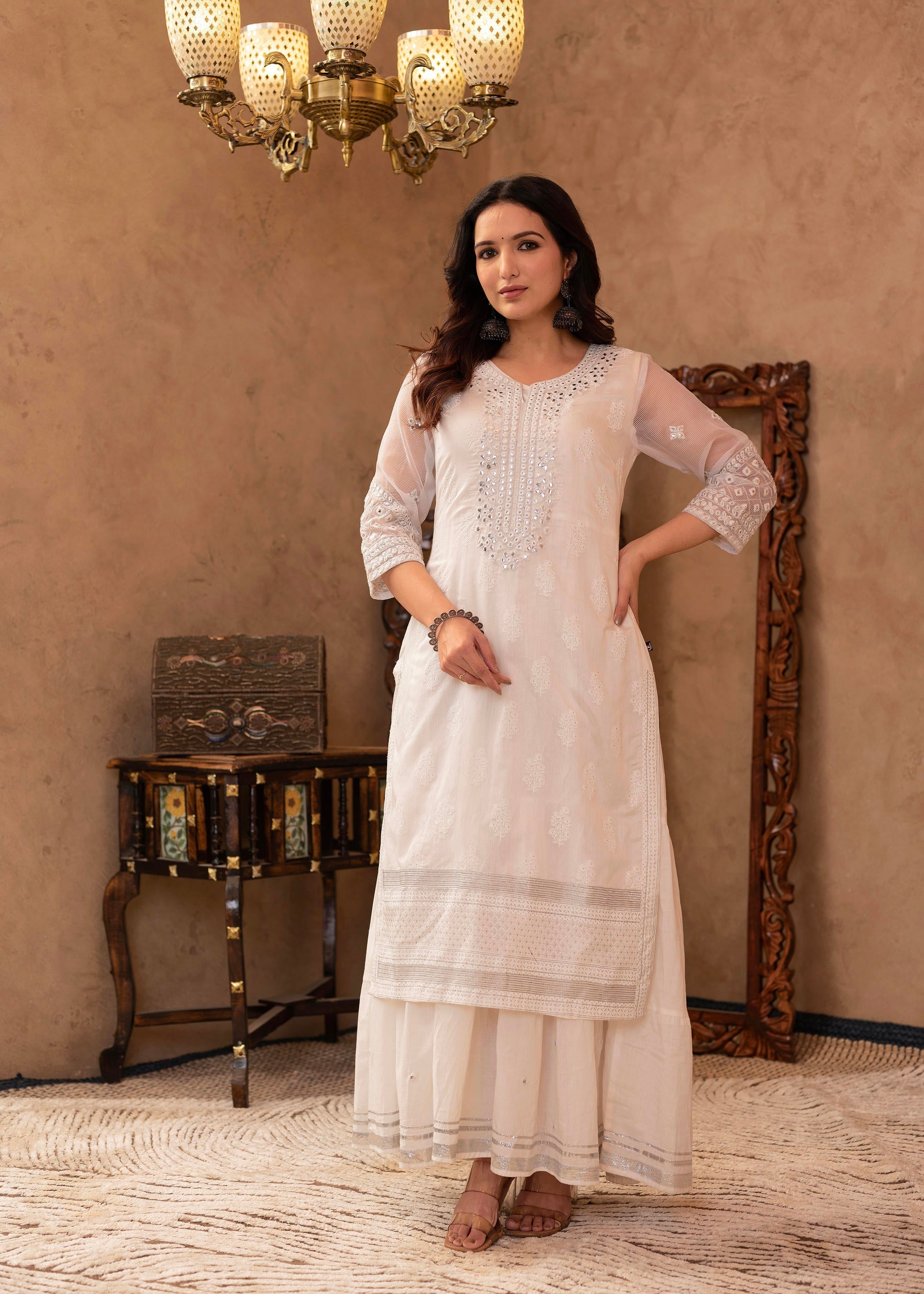 White Chanderi Mirror Embroidered Kurta with Gota Lace & Glitter Work 