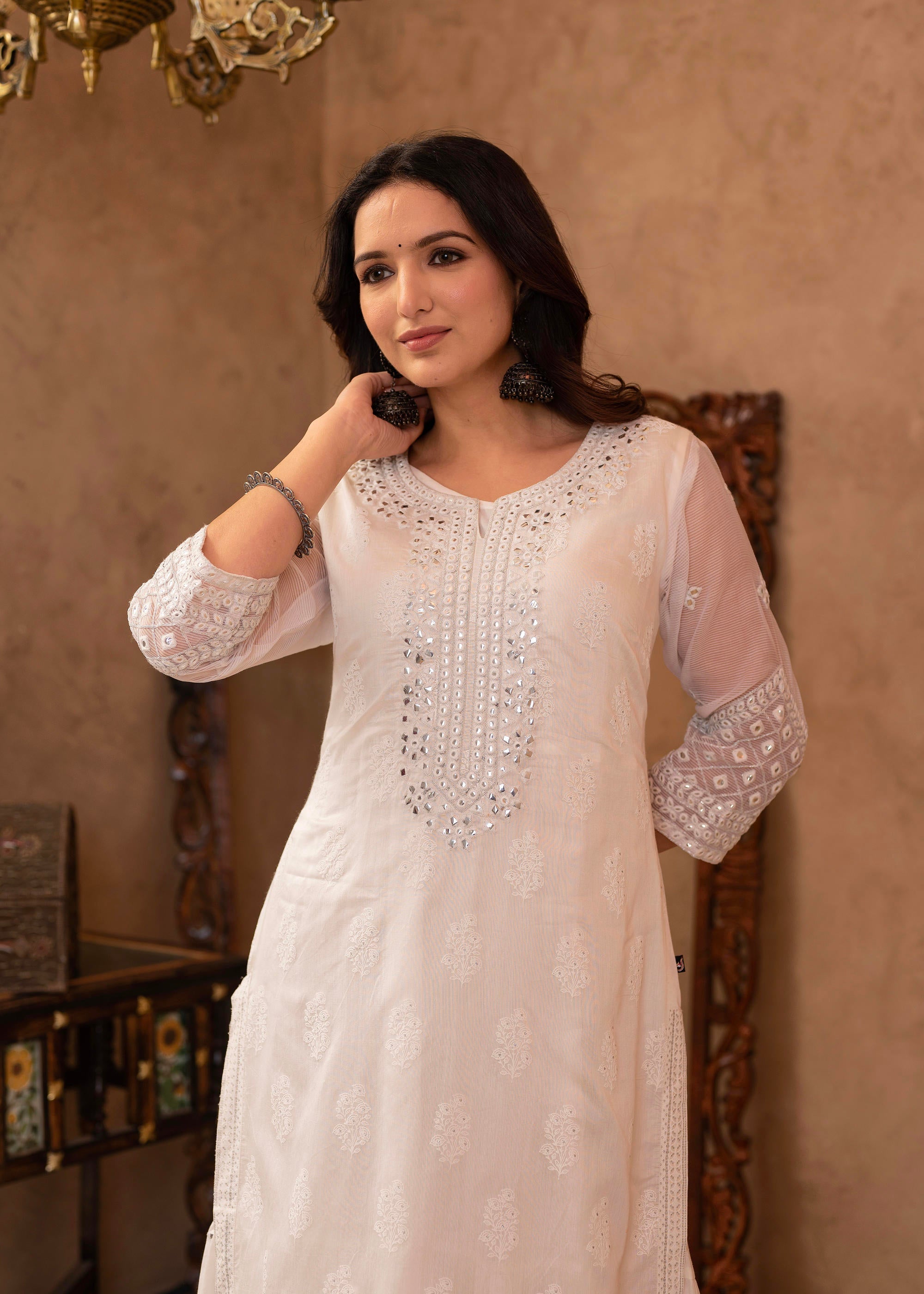 White Chanderi Mirror Embroidered Kurta with Gota Lace & Glitter Work 