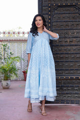 Sky Blue Chanderi Geometric Printed Mirror Embroidered Dress with Gota Lace & Glitter Work-P1280SKYBLUE_ON