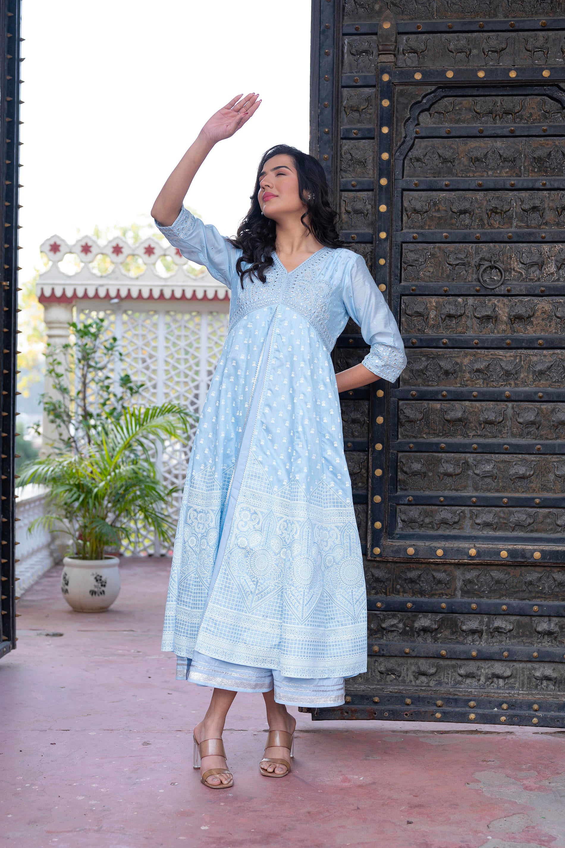 Sky Blue Chanderi Geometric Printed Mirror Embroidered Dress with Gota Lace & Glitter Work