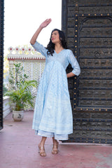 Sky Blue Chanderi Geometric Printed Mirror Embroidered Dress with Gota Lace & Glitter Work-P1280SKYBLUE_ON
