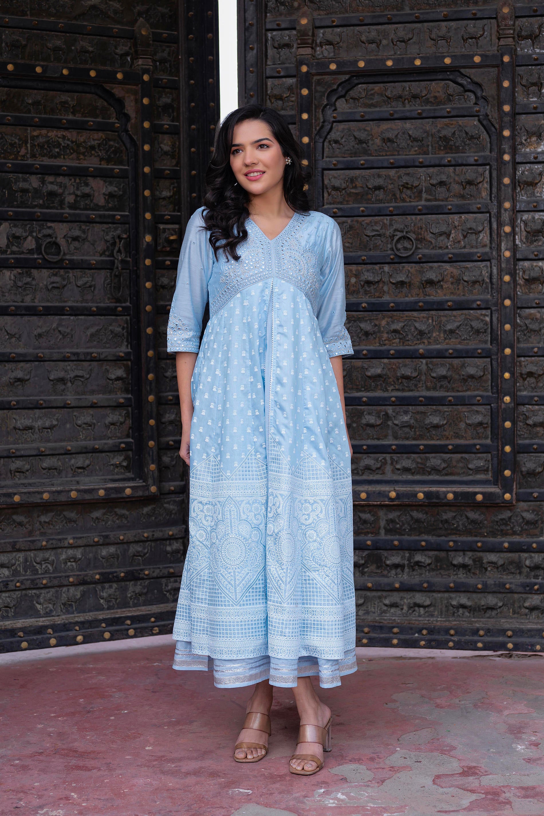 Sky Blue Chanderi Geometric Printed Mirror Embroidered Dress with Gota Lace & Glitter Work
