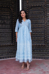 Sky Blue Chanderi Geometric Printed Mirror Embroidered Dress with Gota Lace & Glitter Work-P1280SKYBLUE_ON