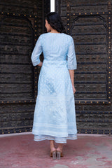 Sky Blue Chanderi Geometric Printed Mirror Embroidered Dress with Gota Lace & Glitter Work-P1280SKYBLUE_ON